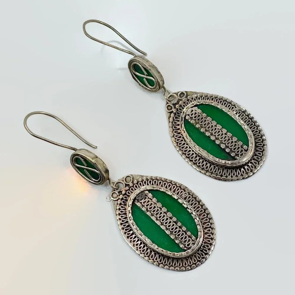 Vintage, Green Earrings, Boho, Afghan, Enameled, Big, 3 1/4
